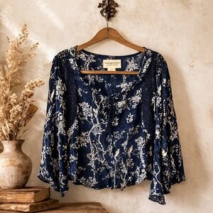 Ralph Lauren Denim & Supply Floral Blouse Size S Navy Blue Bird Print